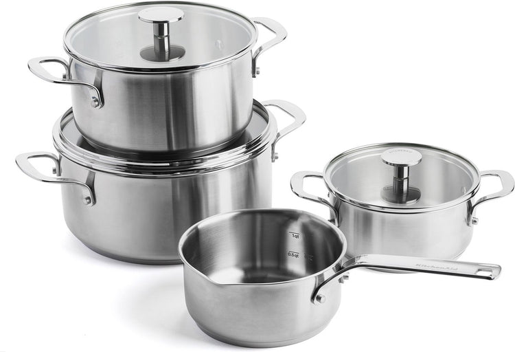 Kitchenaid Edelstahl-Topfset 7-teilig – 16 20 24 cm – 1,5 3,1 4,8 l – PFAS-frei – Edelstahl-Pfannenset – Induktions-Pfannenset – ofenfest bis 220 °C – mit Glasdeckel – Silber