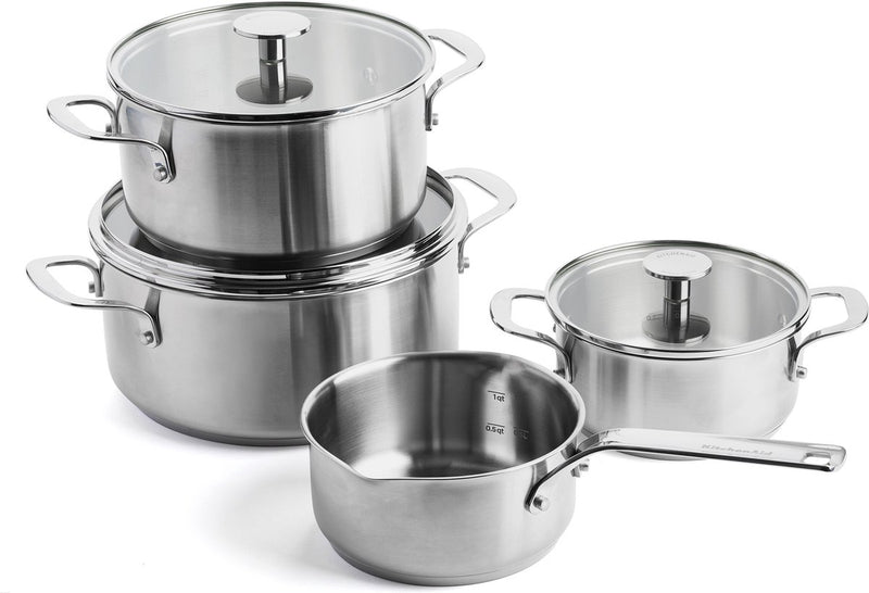 Kitchenaid Edelstahl-Topfset 7-teilig – 16 20 24 cm – 1,5 3,1 4,8 l – PFAS-frei – Edelstahl-Pfannenset – Induktions-Pfannenset – ofenfest bis 220 °C – mit Glasdeckel – Silber