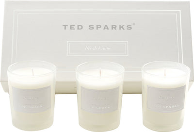 Ted Sparks – Geschenkset – 3 Duftkerzen in schöner Geschenkverpackung – frische Bettwäsche