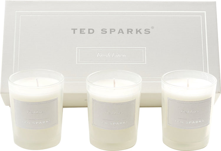 Ted Sparks – Geschenkset – 3 Duftkerzen in schöner Geschenkverpackung – frische Bettwäsche