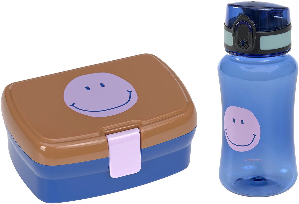 Lässiges Lunchset Little Gang Smile Caramel – blaue Lunchbox und Trinkflasche