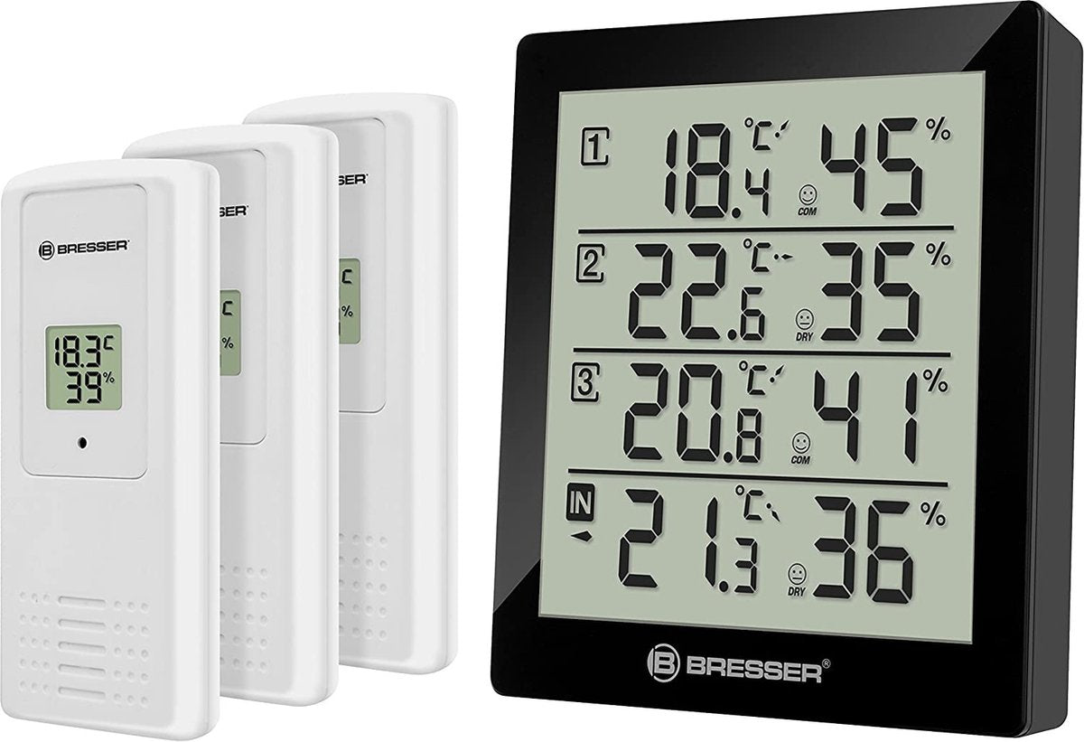 Bresser Wetterstation - Temeo Thermo- und Hygrometer - Schwarz inkl. 3 Sensoren – für drinnen und draußen