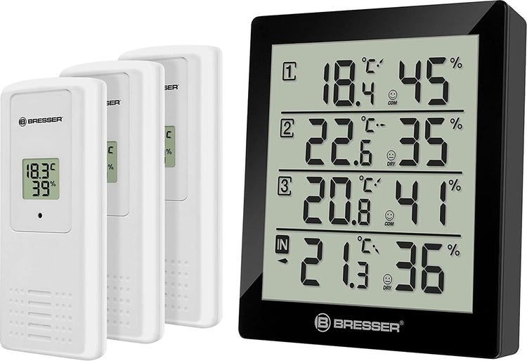 Bresser Wetterstation - Temeo Thermo- und Hygrometer - Schwarz inkl. 3 Sensoren – für drinnen und draußen