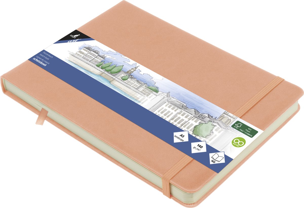 Kangaro-Skizzenbuch – A5 Querformat – Altrosa – PU-Hardcover – mit Gummiband und Band