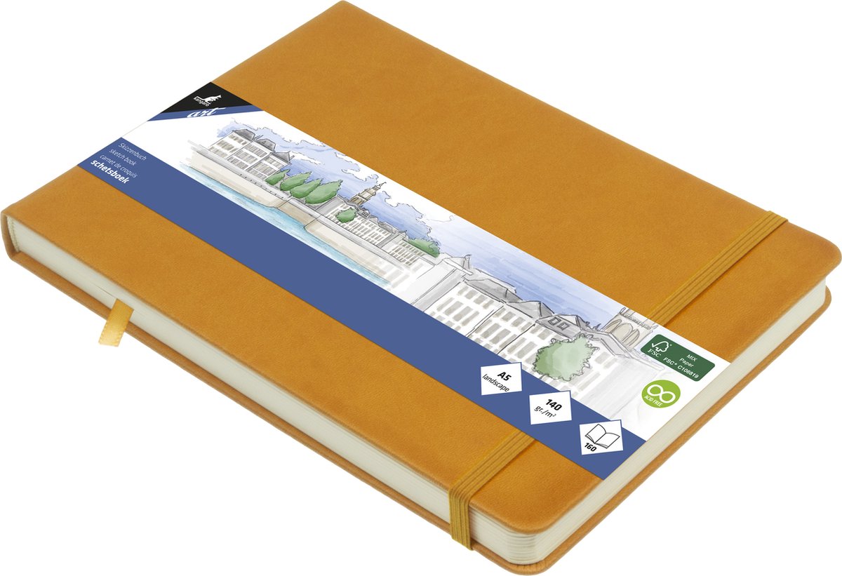 Kangaro-Skizzenbuch – A5 Querformat – Ockergelb – PU-Hardcover – mit Gummiband und Band – K-861231