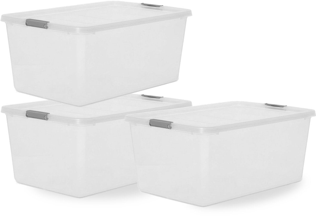 Iris storage Aufbewahrungsbox mit Clips – 40l – extra geräumig – stapelbar – Kunststoff – transparent grau – 3er-Set