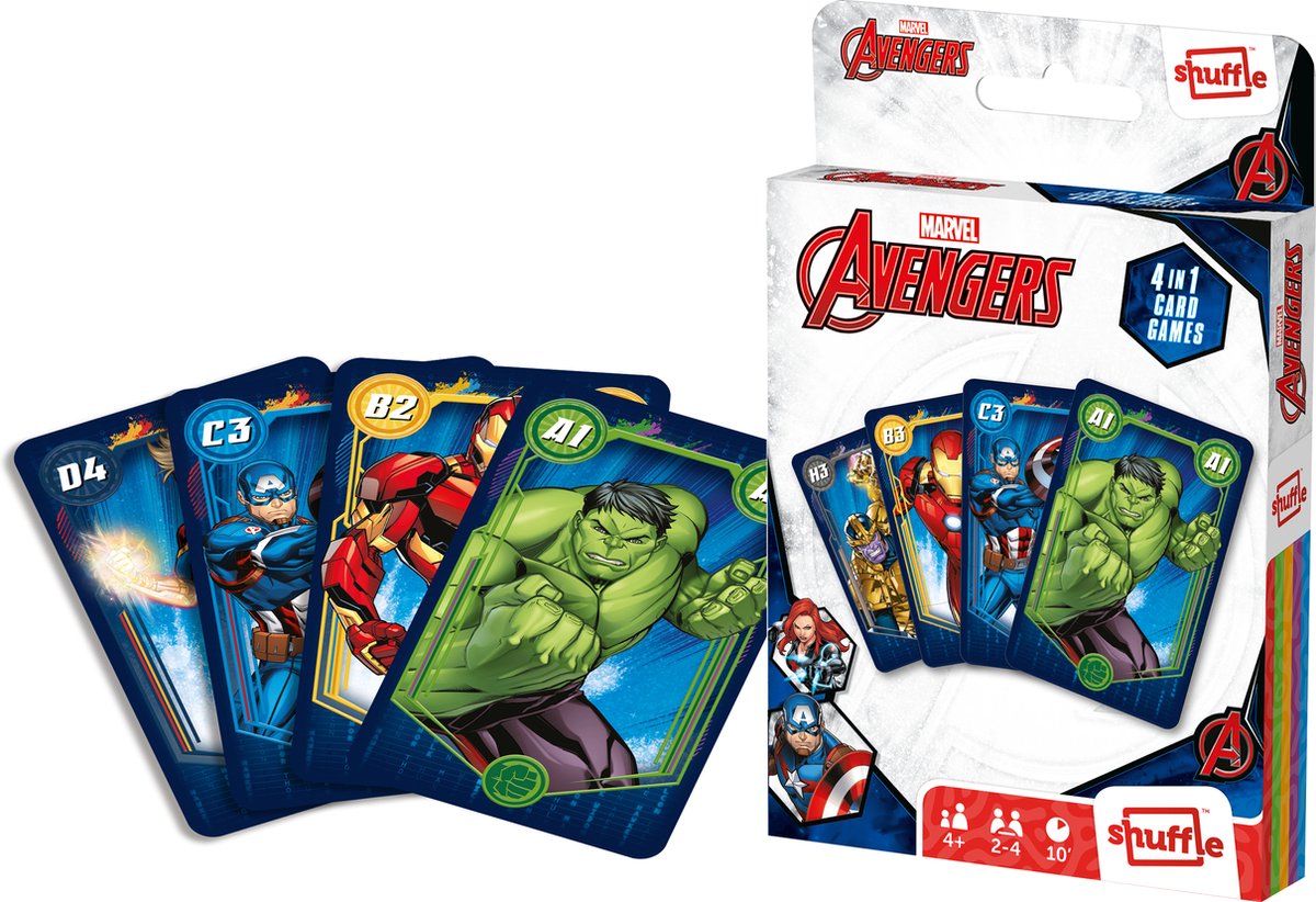 Shuffle Marvel Avengers – 4-in-1-Kartenspiele (Quartett, Memo, Snap, Actionspiel)
