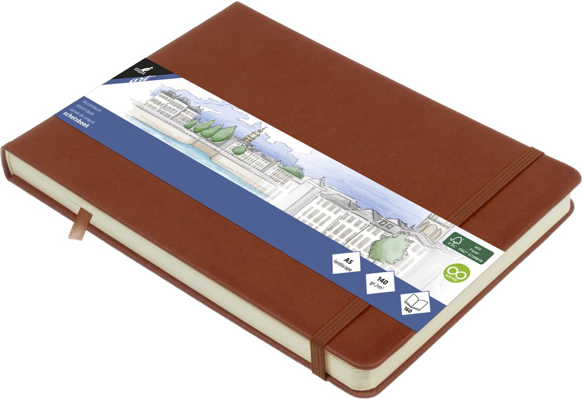 Kangaro Skizzenbuch A5 Querformat – Cognac – Hardcover – mit Gummiband und Band