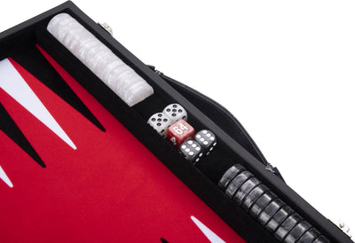 Engelhart Backgammon 15 Zoll – rot, schwarz und weiß eingelegtes Brett – luxuriöse Kunstledertasche mit Griff –