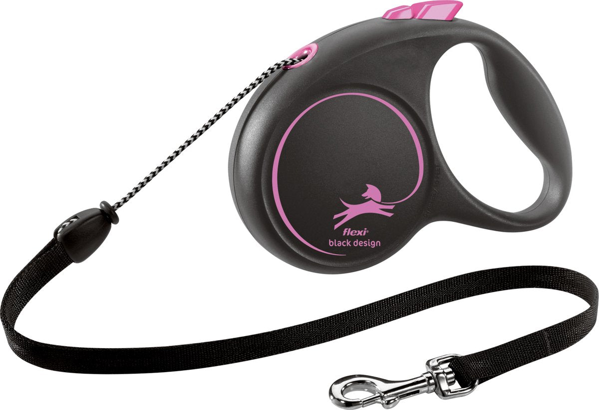 Flexi | einziehbare Linie, schwarzes Design, Kordel, rosa