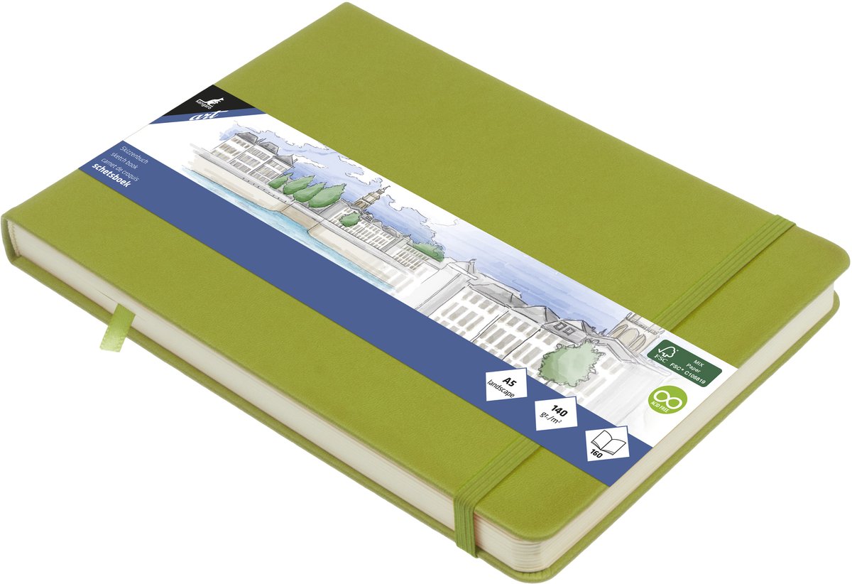 Kangaro Skizzenbuch A5 Querformat – Lindgrün – Hardcover-Einband – mit Gummiband und Band – K-861239