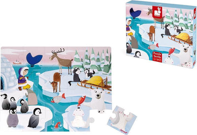 Janod Tastpuzzle - Leben auf der Eisscholle - Riesiges 20-teiliges Puzzle aus stabilem Karton, davon 7 Teile mit Texturen - inklusive Poster - geeignet ab 2 Jahren