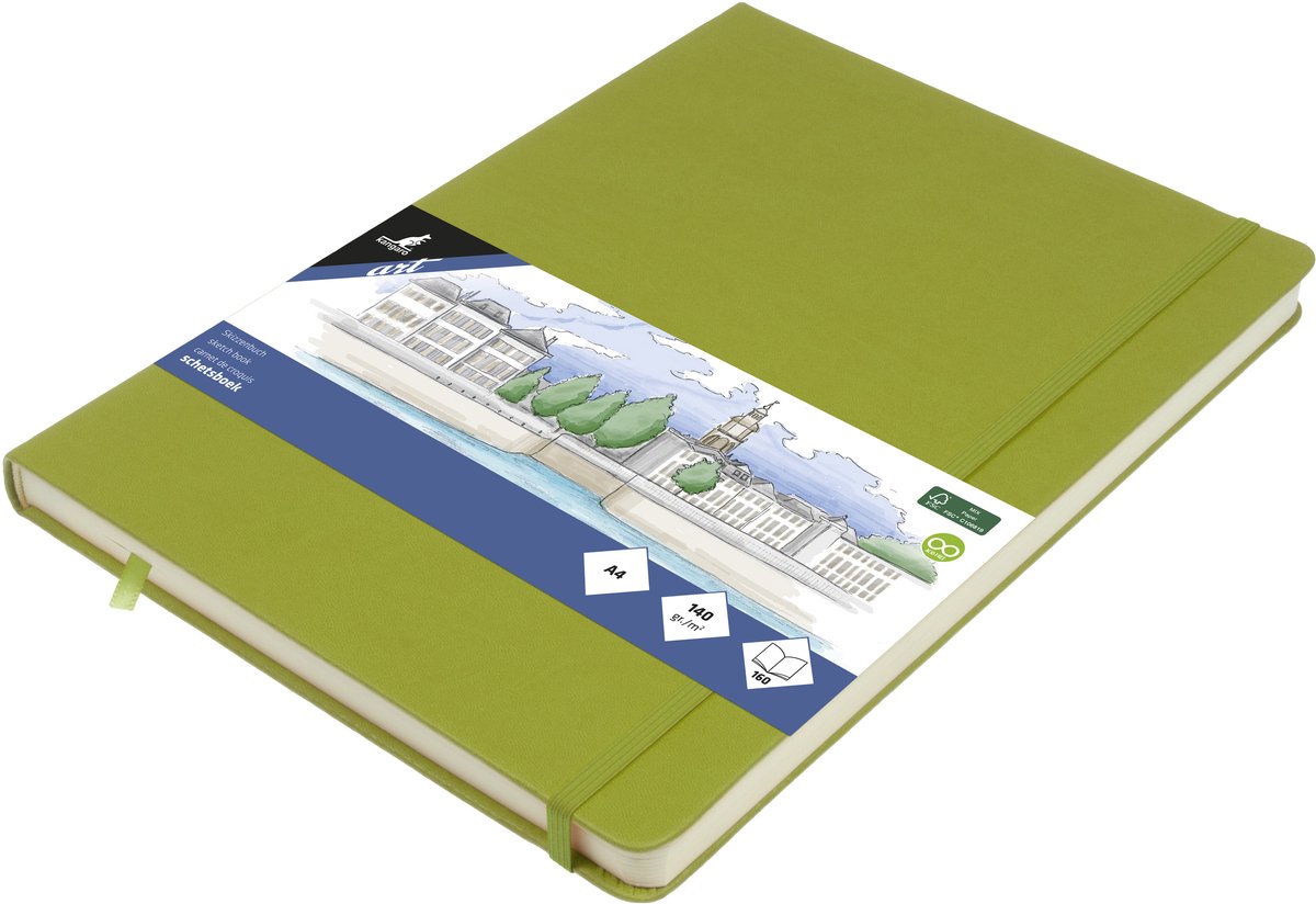 Kangaro-Skizzenbuch A4 – Limettengrün – Hardcover – mit Gummiband und Band – K-861249