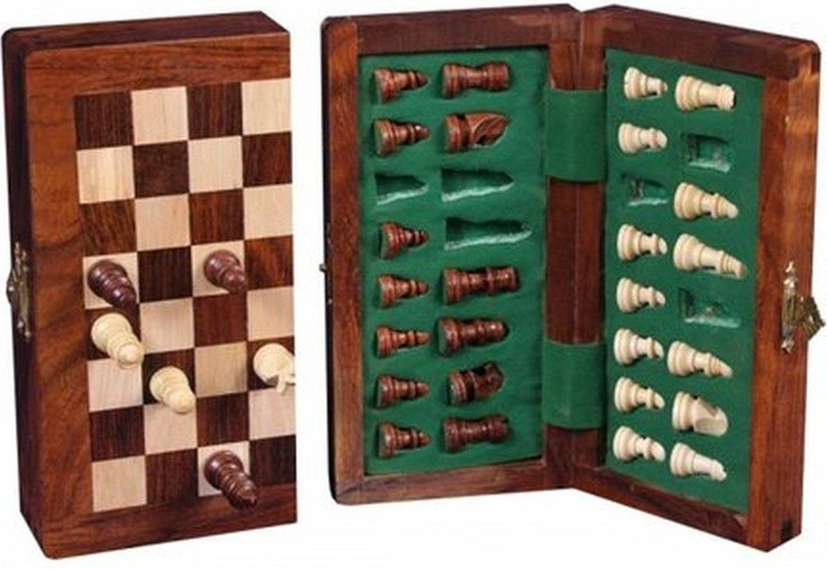Engelhart Langfeld-Schachspiel magnetisch und klappbar, magnetisches Klappschachspiel – Schachbrett aus Holz, Schachfiguren – Akazienholz – kompakt 13 x 25 cm – Reisebrett für taktisches Spiel –