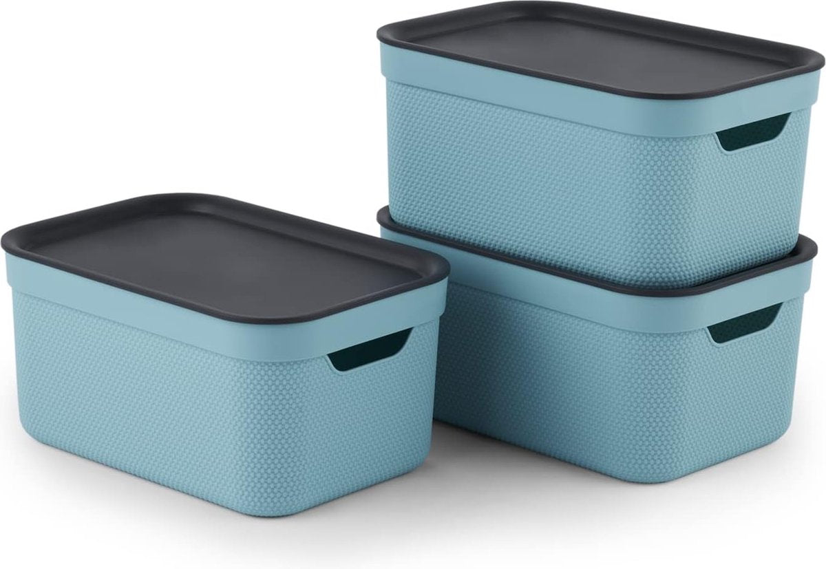 Rotho Jive Aufbewahrungsboxen 3er Set Aufbewahrungsboxen 5 l mit Deckel, Kunststoff (PP recycelt), Türkis Anthrazit, 3x5l (26,5 x 18,5 x 20,0 cm)