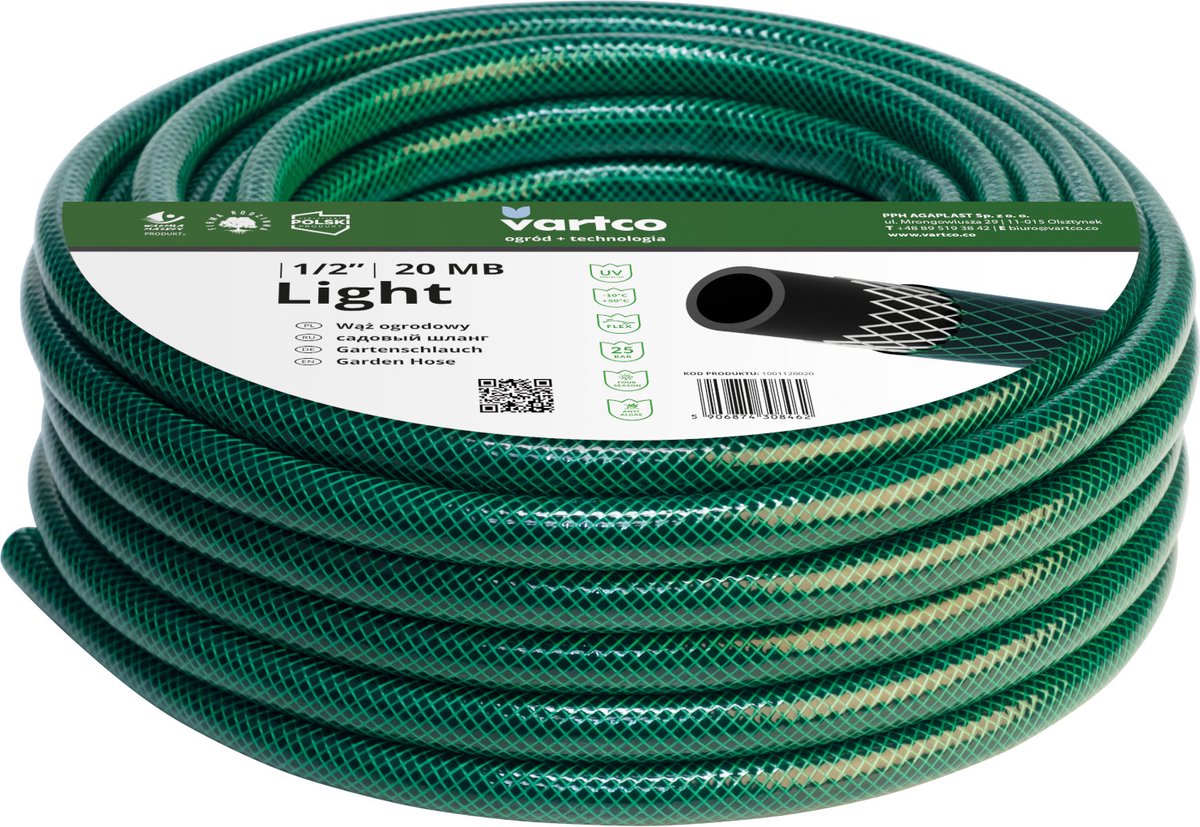 Vartco Light - 3-lagiger Gartenschlauch 1 2 50m | Bewässerung flexibel | Polyester-Kreuzgeflecht UV-beständig 25 bar