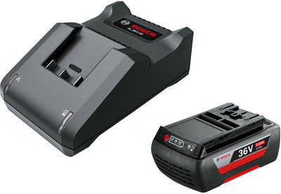 Bosch 36-V-Li-Ionen-Akku (2,0 Ah) und Ladegerät (AL3620-CV).
