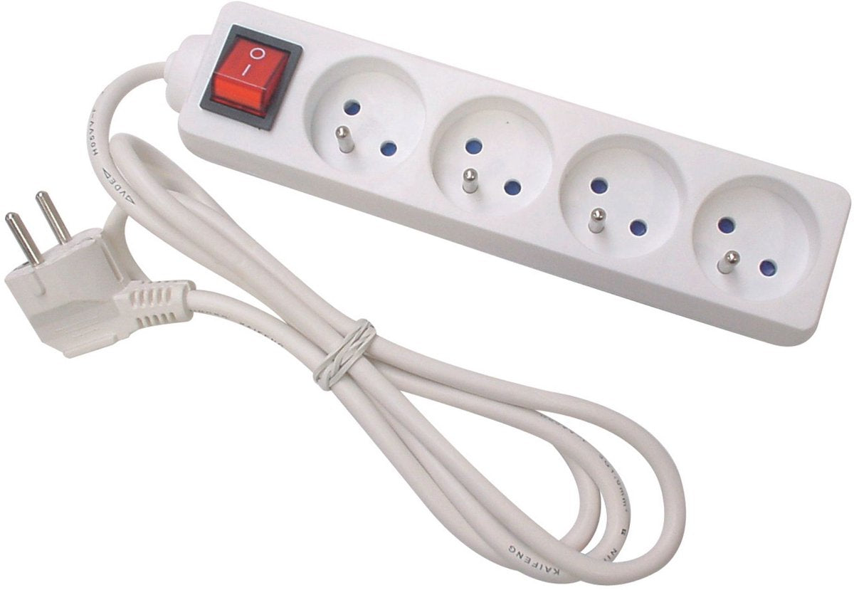 Perel-Steckdosenleiste mit Schalter, 4 Steckdosen mit Erdungsstift (Typ E), Kabel 1,5 m, 3G1,5, Innenbereich, weiß