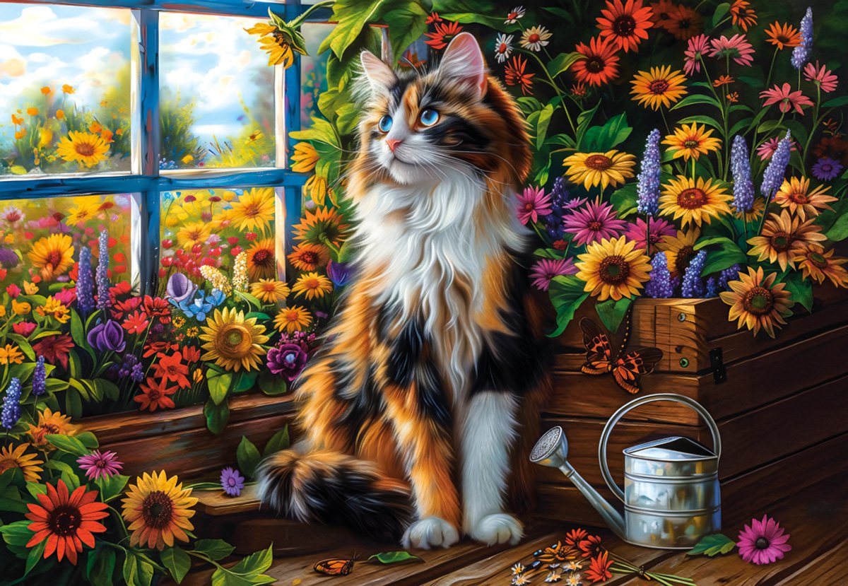 Castorland Puzzle Katze Blumen 1000 Teile Meditation bunt.
