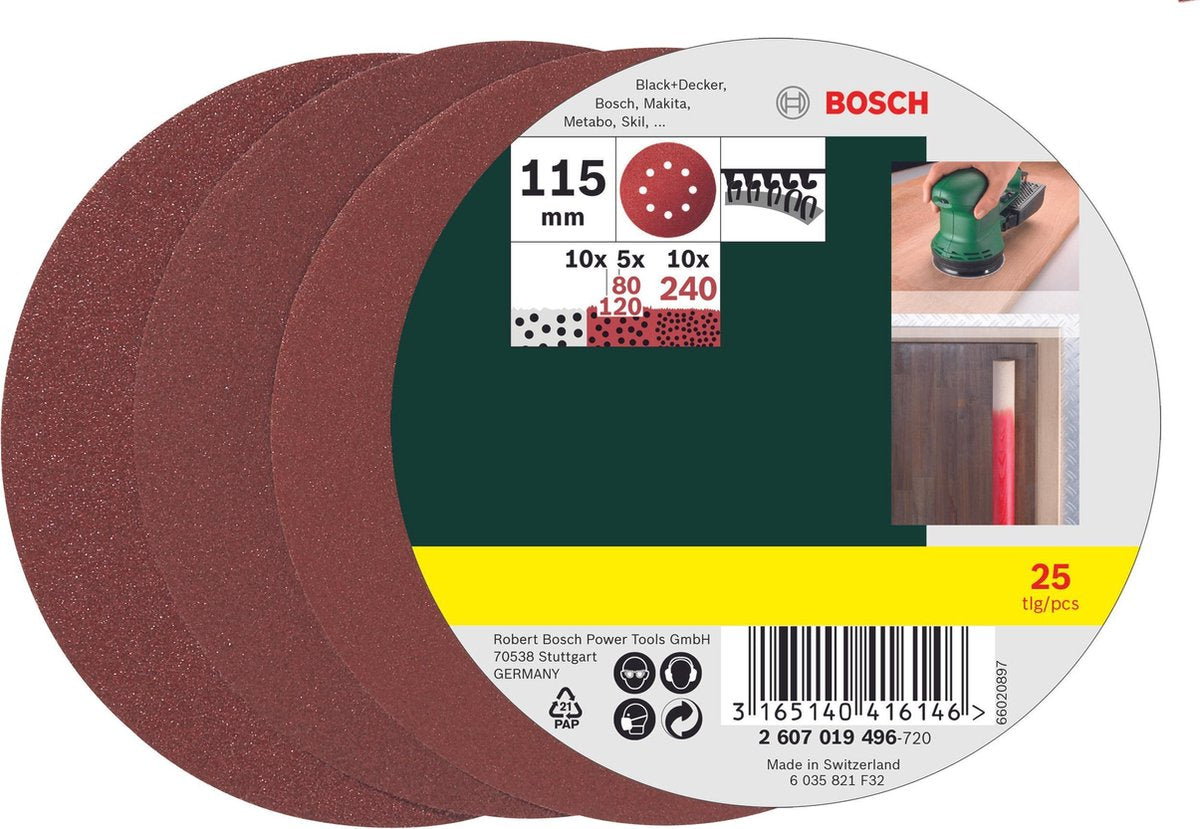 Bosch 25-teiliges Schleifblatt-Set für Exzenterschleifer 115 mm – Körnung 80; 120; 240