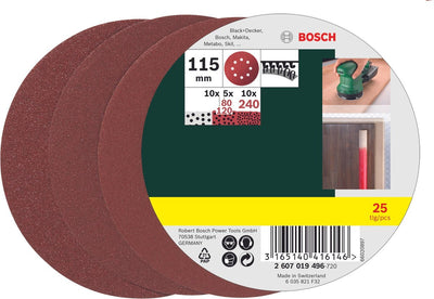 Bosch 25-teiliges Schleifblatt-Set für Exzenterschleifer 115 mm – Körnung 80; 120; 240