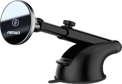 Amio magnetischer Telefonhalter mit kabellosem 15-W-Qi-Ladegerät und Magsafe – verstellbarer Arm und Saugnapf, schwarz