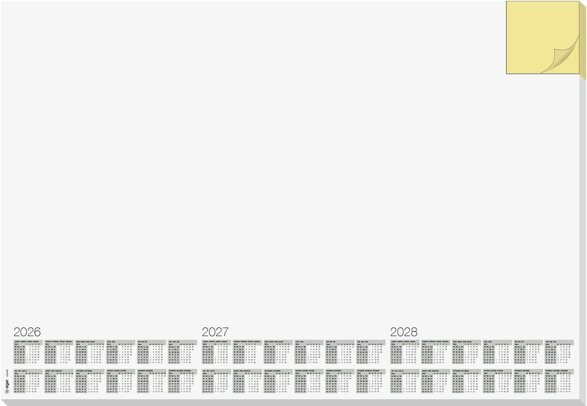 Sigel Schreibtischunterlage – mit Notizblock – mit Kalender 2026 2027 2028 – Größe A2 – 30 Blatt zerreißbar – si-h6490