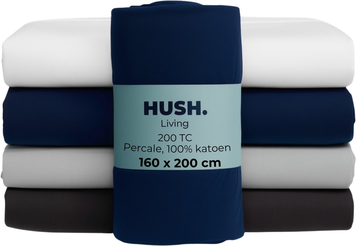 Stille. Living Hush Living Spannbettlaken Perkal – 100 % Baumwolle – 200 tc – extra frisch und kühl – stark und langlebig – rundum elastisch – 160 x 200 + 30 cm – Marineblau
