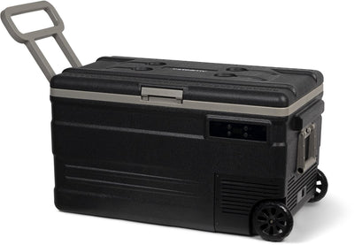 Steamy -e Einzonen-Roller-Kühlbox mit elektrischem Kompressor auf Rädern – Einzelzone – 74 Liter – 12 V und 230 V – für Auto und Camping – Schwarz