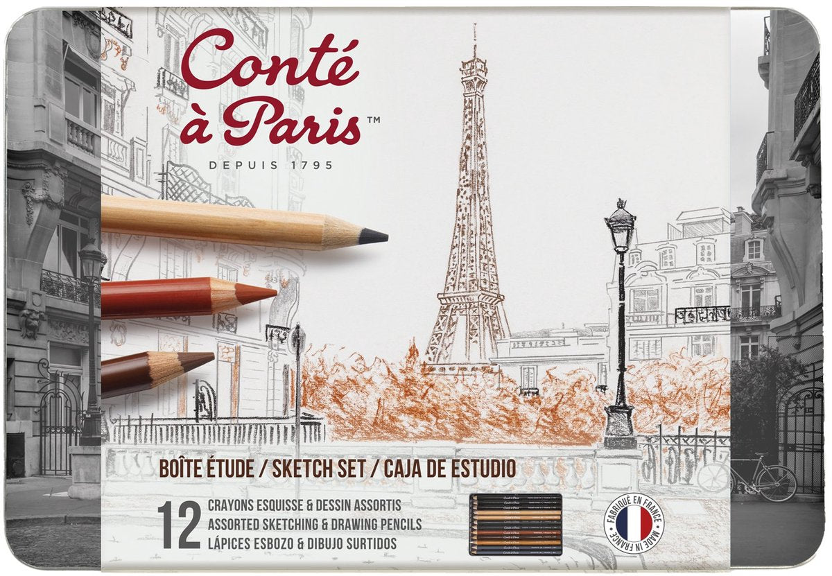 Conté à paris 2186 Skizzenset 12-teilig | Zeichen- und Skizzierstifte in Metallbox – das Skizzenset