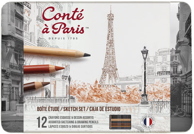 Conté à paris 2186 Skizzenset 12-teilig | Zeichen- und Skizzierstifte in Metallbox – das Skizzenset
