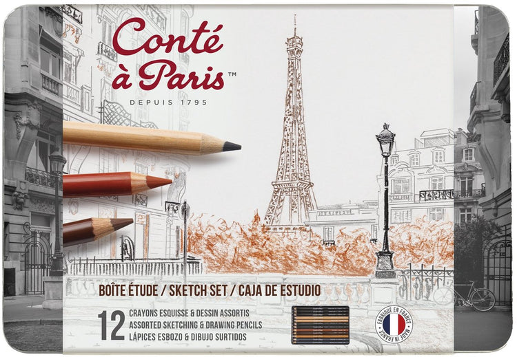 Conté à paris 2186 Skizzenset 12-teilig | Zeichen- und Skizzierstifte in Metallbox – das Skizzenset