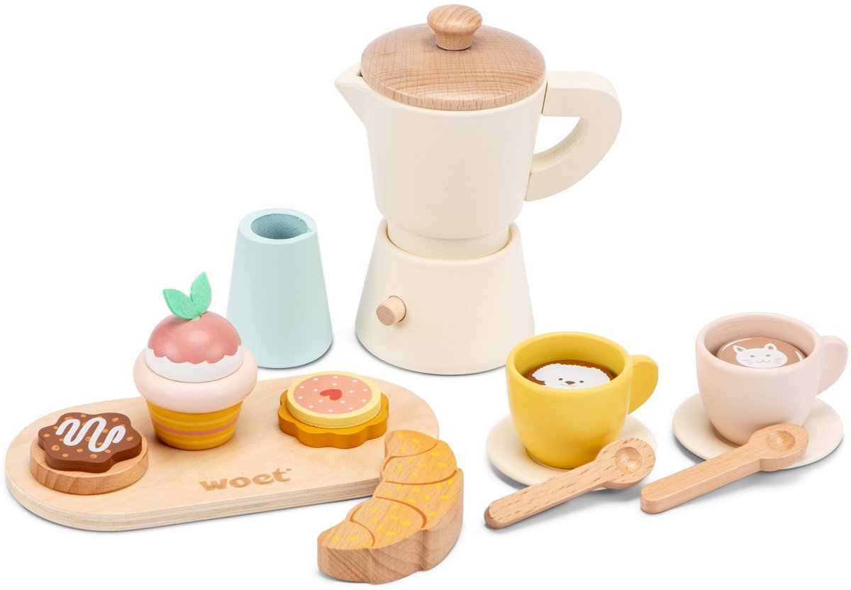 Woet® Perkolator-Kaffeeset aus Holz – 17-teiliges Set inklusive Tassen, Servierbrett, Croissant, Muffin und Keksen – FSC – Rollenspiel-Küchenspielzeug – Spielladen – Barista-Spielzeug – ab 3 Jahren