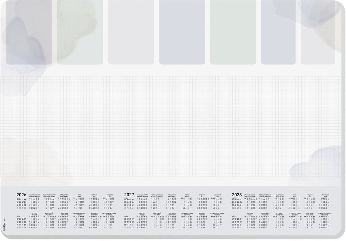 Sigel Schreibtischunterlage – Größe A2 – Pastell – mit Kalender 2026 2027 2028 – abgerundete Ecken – si-h6312