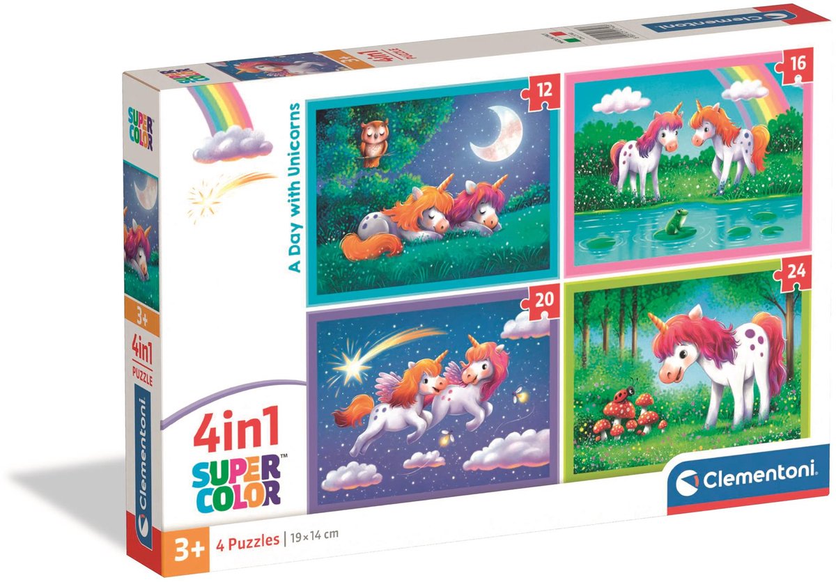 Clementoni – Kinderpuzzle 4 in 1 – Ein Tag mit Einhörnern – 12, 16, 20 und 24 Teile – ab 3 Jahren