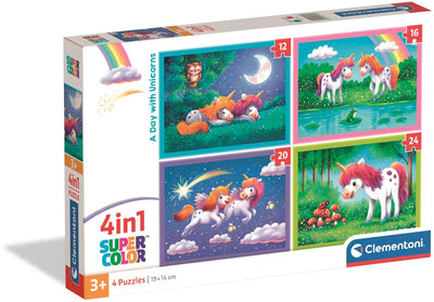 Clementoni – Kinderpuzzle 4 in 1 – Ein Tag mit Einhörnern – 12, 16, 20 und 24 Teile – ab 3 Jahren