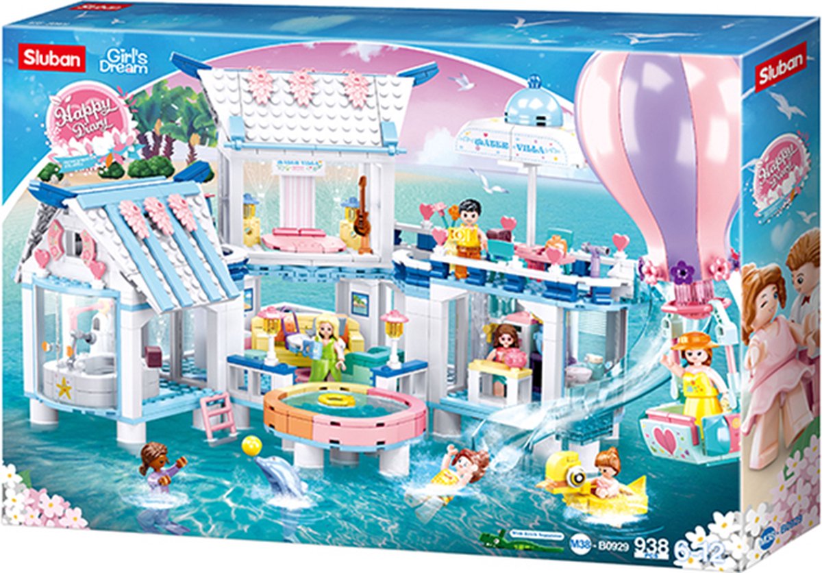 Sluban Girl's Dream Swimming Pool Villa Bauspielzeug für Kinder ab 6 Jahren – Konstruktionsspielzeug Modellbau – Baukasten mit 938 Bausteinen – M38-B0929