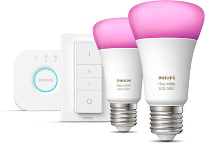 Philips Hue Starterpaket E27-Lichtquelle mit Brücke und Dimmschalter – Weiß- und Farbambiente – 2 x 9 W – Bluetooth