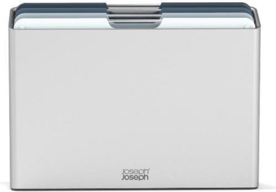 Joseph Joseph Folio™ Schneidebrettset 4-teilig – groß – hellblau – farbcodiert – mit Aufbewahrungsständer – Edelstahlgriffe