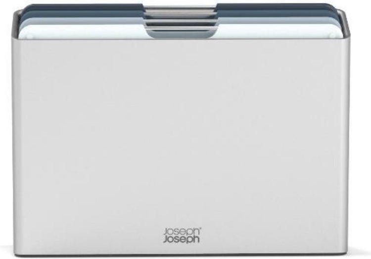 Joseph Joseph Folio™ Schneidebrettset 4-teilig – groß – hellblau – farbcodiert – mit Aufbewahrungsständer – Edelstahlgriffe