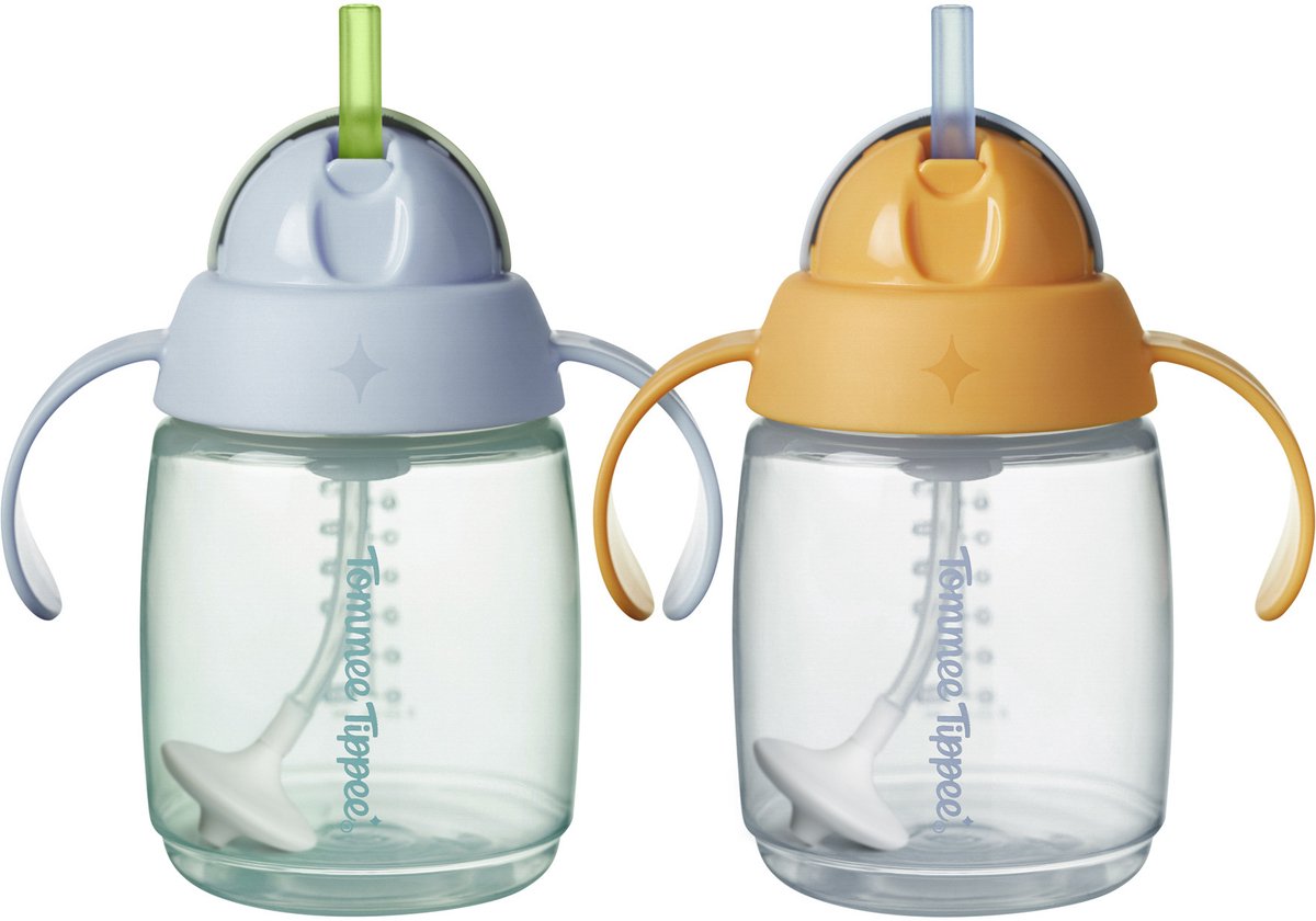 Tommee Tippee Strohhalmbecher – 2 Stück – 240 ml – mit Griffen und beschwertem Silikonstrohhalm – für Kleinkinder ab 6 Monaten und mehr – Blau und Orange