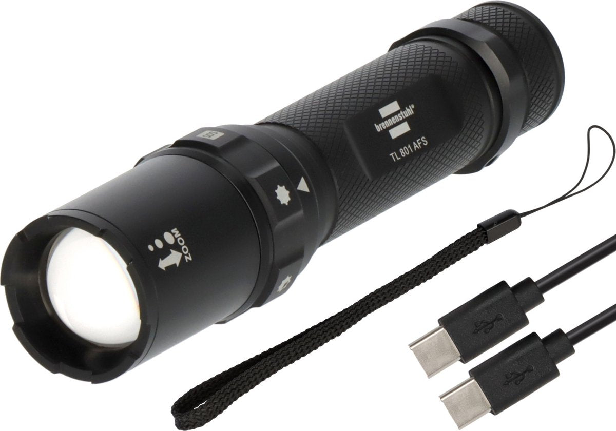 Brennerstuhl wiederaufladbare LED-Taschenlampe TL 801 AFS IP44 (800lm, 230m Leuchtweite, fokussierbar, max. 42 Stunden, 6 Modi inkl. SOS-Stroboskop, IP44-Lampen für den Außenbereich inkl. USB-C-Ladekabel)