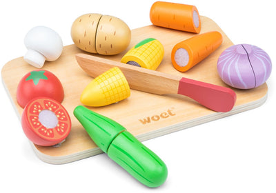 Woet® Schneideset Gemüse aus Holz – Spielset mit Schneidebrett und Schneidegemüse – Lernspielzeug für Lebensmittel – Rollenspiel-Küchenspielzeug – ab 2 Jahren