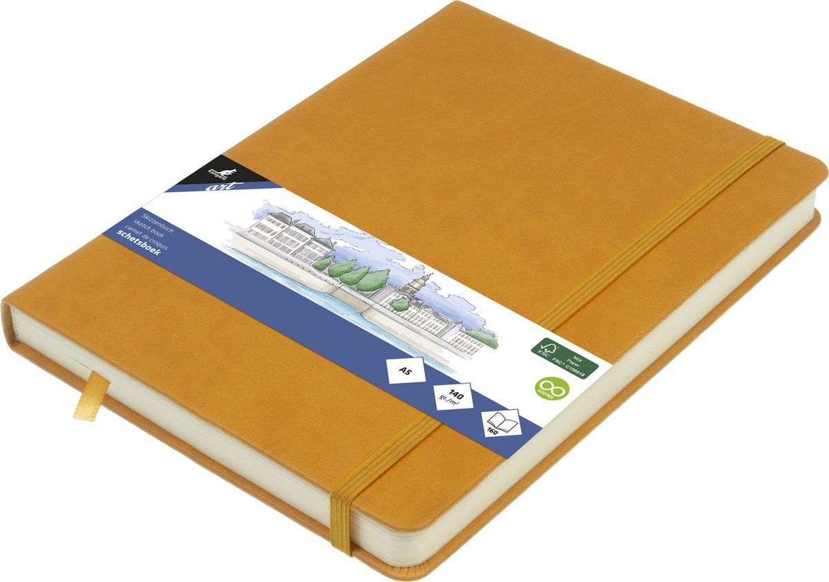 Kangaro-Skizzenbuch – A5 – Ockergelb – PU-Hardcover – mit Gummiband und Band – K-861221
