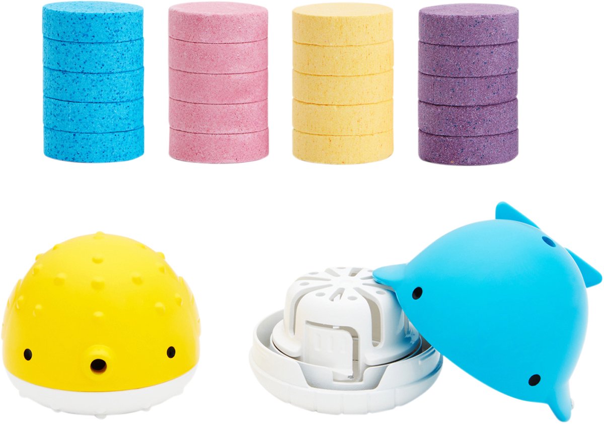 Munchkin Badespielzeug mit 20 Brausetabletten – Color Buddies™ – 2 Brausefische – Badebrausetabletten – Brausetabletten für die Badewanne – interaktives Badespielzeug für Kinder