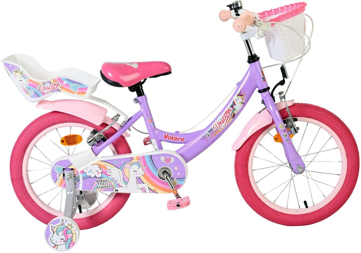 Volare Einhorn Kinderfahrrad – Mädchen – 16 Zoll – Lila – zwei Handbremsen