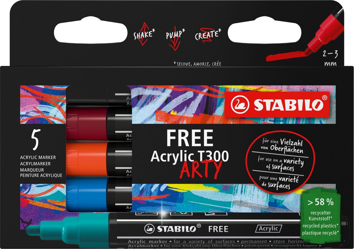 Stabilo Free Acrylic – Acrylmarker – T300 Urban Set – Rundspitze 2–3 mm – Etui mit 5 Farben