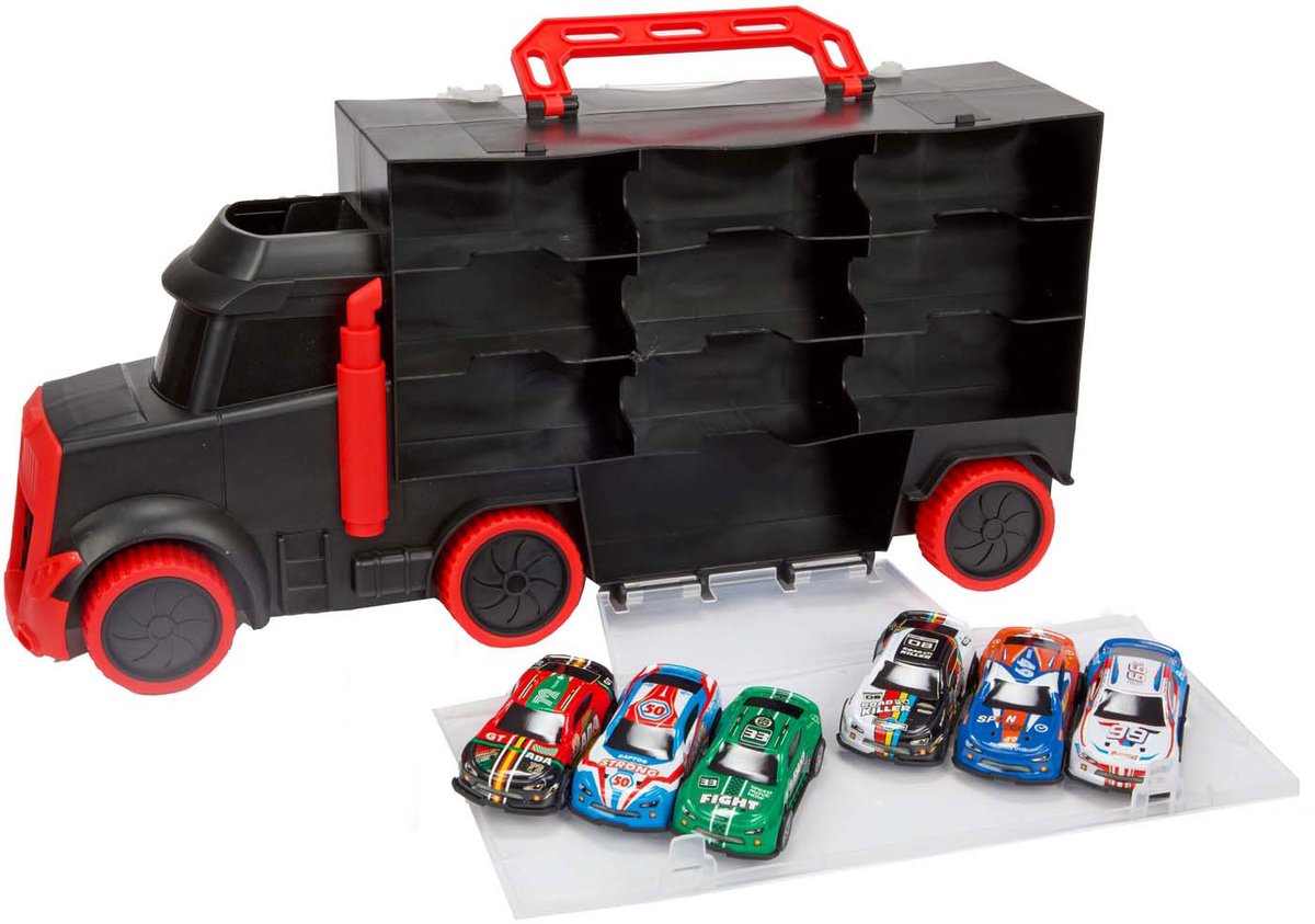Toi-Toys Turbo-Rennfahrer LKW mit 6 Rennwagen mit 6 Rückzugsern