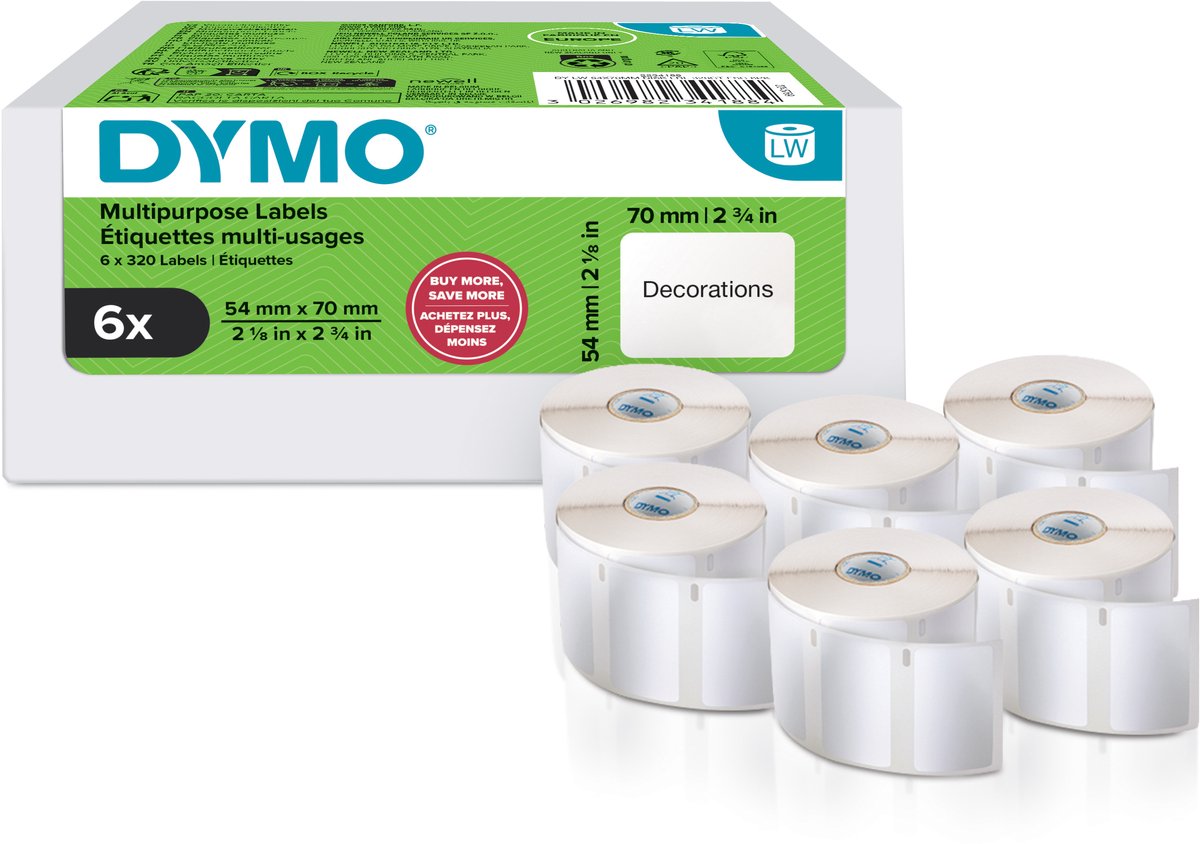 Dymo original multifunktionale Labelwriter-Etiketten | 54mm x 70mm | 6 mit je 320 Etiketten (1.920 selbstklebende Etiketten) | für die Labelwriter-Etikettendrucker | Hergestellt in Europa