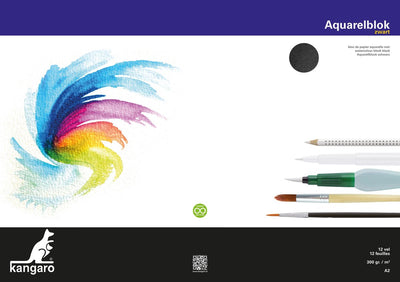Kangaro Aquarellpapier – A2 – Schwarz – 300 Gramm – 12 Blatt – säurefrei – Aquarellblock – Zeichenblock – K-5314